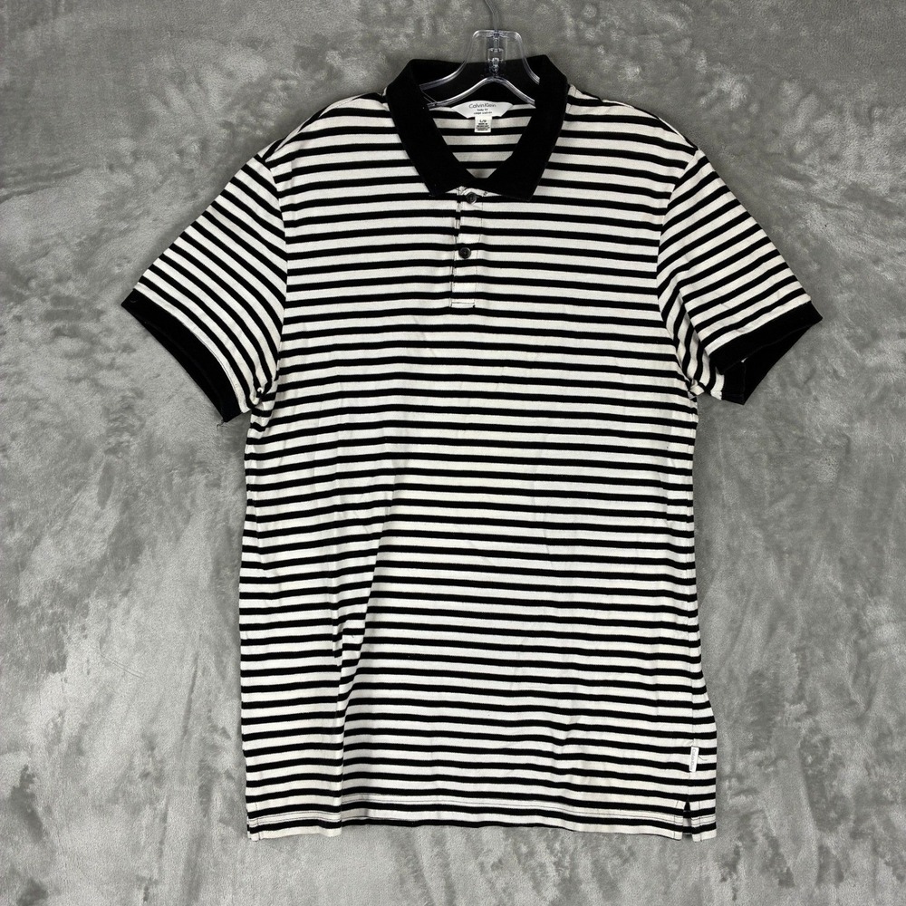 Calvin Klein Mens Body Fit Striped‎ Polo Shirt Black White Size Large L Cotton